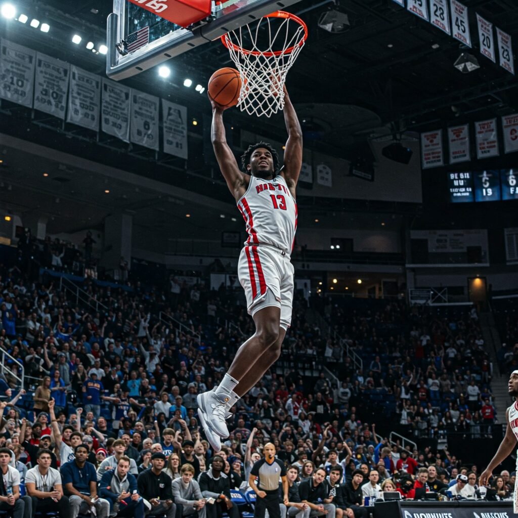 Modern breakaway rim mid-dunk