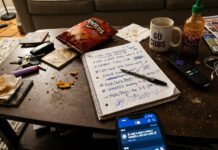 Cricket News Predictions: Upcoming Matches to Watch Messy coffee table with a notebook of scribbled sports predictions, snack crumbs, a glowing phone, and sports fan gear.