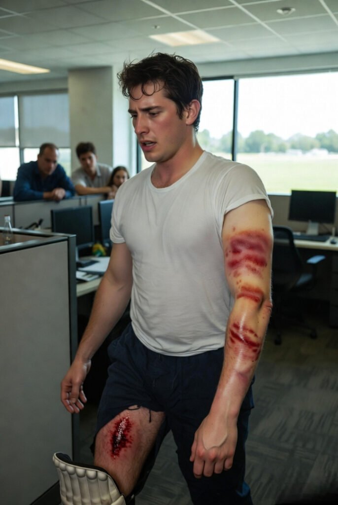 Post-cricket bruises: welts on shins and arms after skipping pads