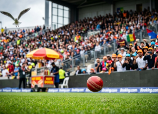 Cricket Match Updates Today: Biggest Games Happening Now A cricket ball bounces on green grass before a crowded stadium, featuring a photobombing seagull and a hotdog cart.