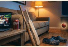 Cricket News Insights: Players Dominating the Season Living room with baseball and cricket bats, a Dr Pepper, worn Crocs, and a mysterious glowing, floating cricket ball.