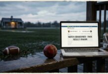 Breaking Cricket News: Match Results and Player Updates An old cricket ball and laptop on a rainy deck, captured in a moody, vignette-style photo with "Match Abandoned."