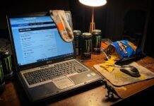 Cricket News Analysis: What Recent Matches Mean for Teams A messy desk at night with an old Dell laptop showing cricket scores, Monster cans, Doritos, and a plastic dinosaur.