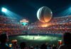 Cricket Leagues: Biggest Competitions Every Fan Should Follow Massive night cricket stadium under neon lights, giant floating ball, fan with hot dog and beer—pure chaos fun.