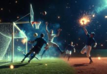 Match Updates Report: Key Turning Points in Today’s Matches Dramatic multi-sport action scene: soccer scramble at goal, mid-air basketball buzzer-beater, baseball soaring home run, with glowing energy sparks and motion blur in navy, neon orange, and electric green tones.