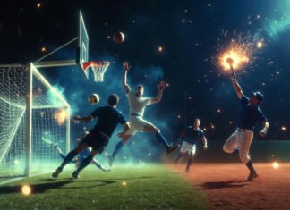 Match Updates Report: Key Turning Points in Today’s Matches Dramatic multi-sport action scene: soccer scramble at goal, mid-air basketball buzzer-beater, baseball soaring home run, with glowing energy sparks and motion blur in navy, neon orange, and electric green tones.
