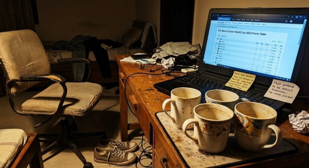 Messy desk, laptop, dirty mugs, and a worn chair.