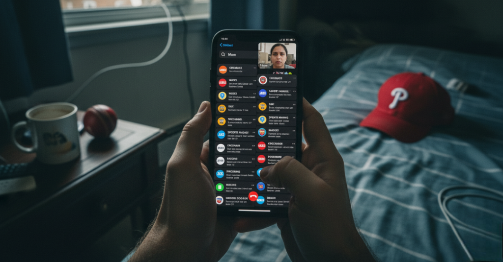 A person holding a phone showing many sports notifications during a FaceTime call with their mother.
