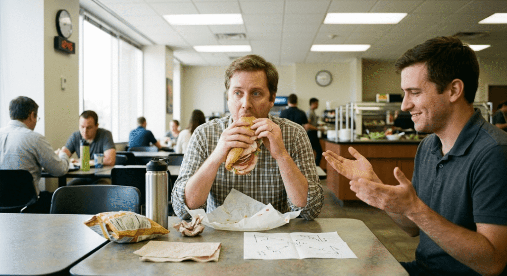 A man eating a large sandwich with a bewildered expression, as another man gestures with confusion.