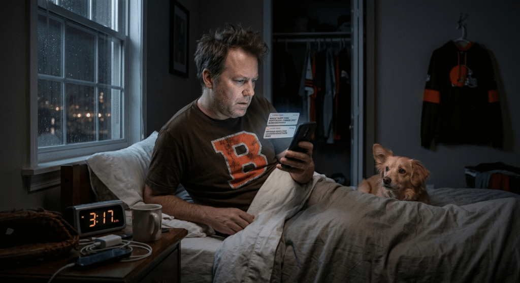 A disheveled man sits up in bed at 3:17 AM looking at phone notifications while his dog watches.