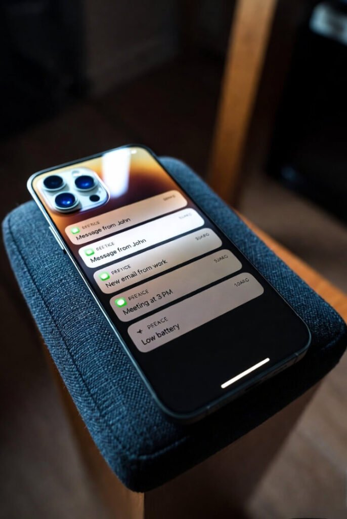 Phone face-down on a couch cushion, screen lit with stacked notification banners, shot at a tilted Dutch angle from a shaky, adrenaline-fueled hand.