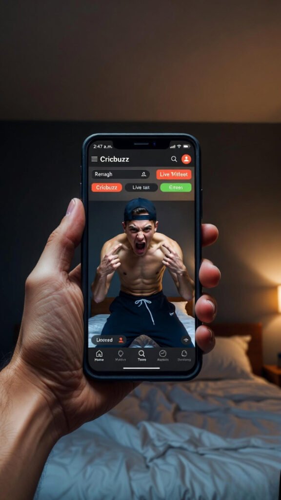 Shaky hand gripping phone at 2:47 a.m., Cricbuzz open, intense reflection in sweatpants and backwards cap staring back wildly.