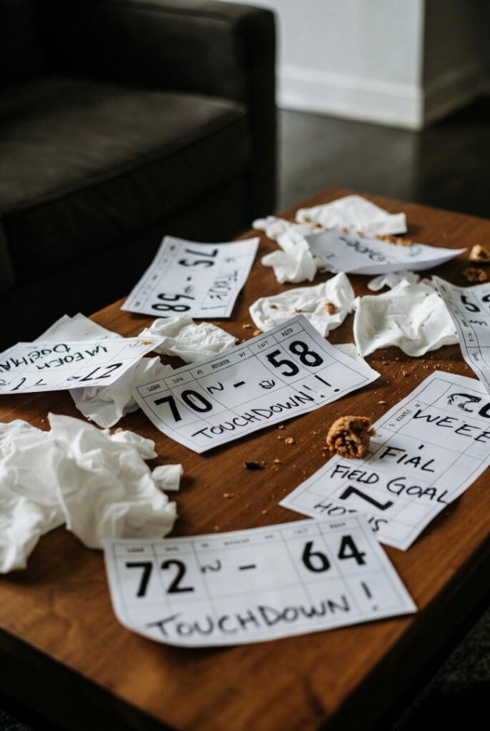 American couch chaos — napkin score sheets from big match, total mess