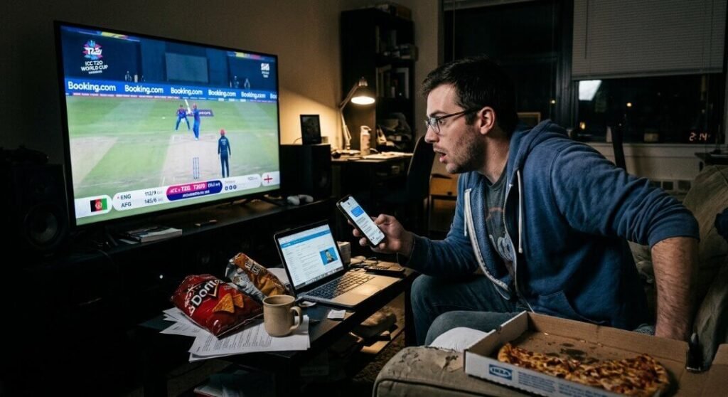 A man in a messy living room looks shocked at his phone while watching a cricket match on TV at night.