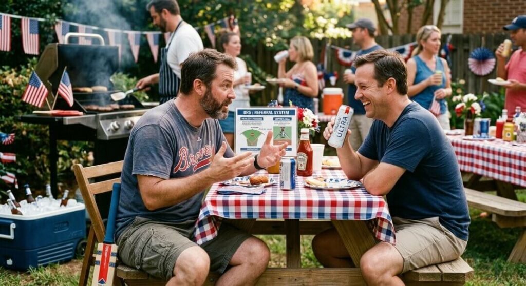 A man at a BBQ passionately explains a cricket DRS chart to a friend holding a can of Ultra.