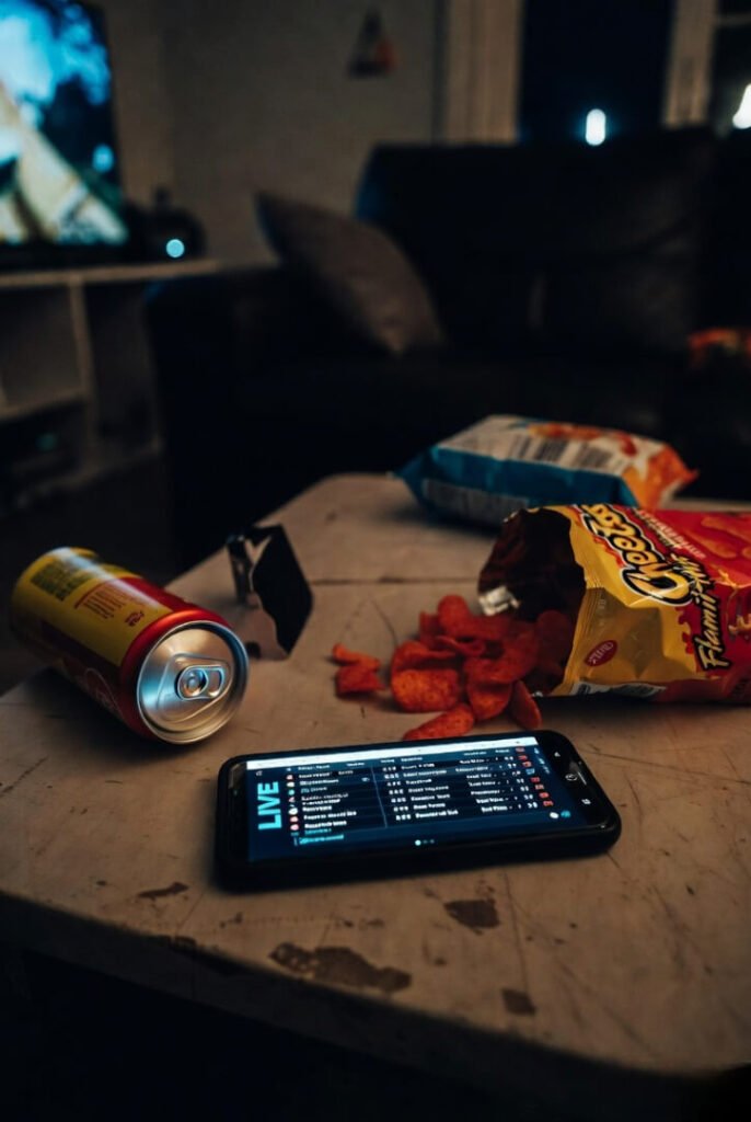 :37 a.m. coffee table: live scores on phone, empty energy drink, half-eaten Flamin' Hot Cheetos