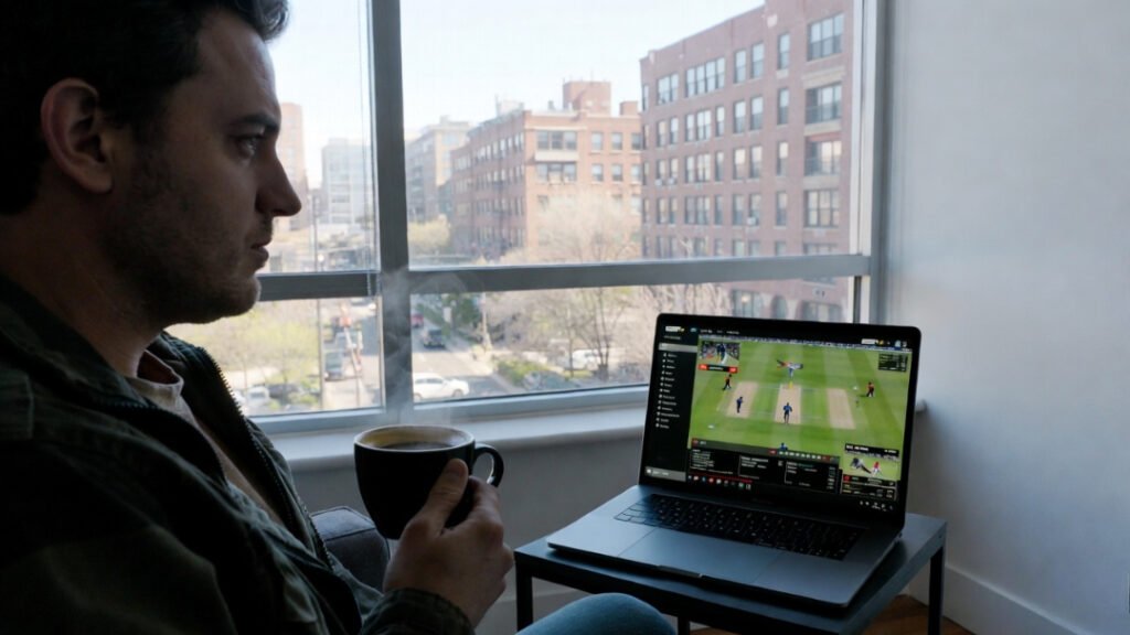 Typical US apartment scene with international cricket playing on the big screen