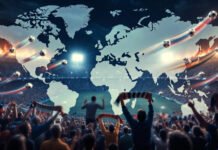 Match Updates Roundup: Top International Matches Today Packed soccer stadium at night under dramatic floodlights, excited fans waving scarves in celebration, with soccer balls morphing into national flags over a glowing world map highlighting Europe and North America.