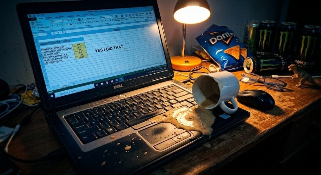 A messy desk at night with a Dell laptop, a coffee spill, an open spreadsheet, Doritos, and energy drinks.
