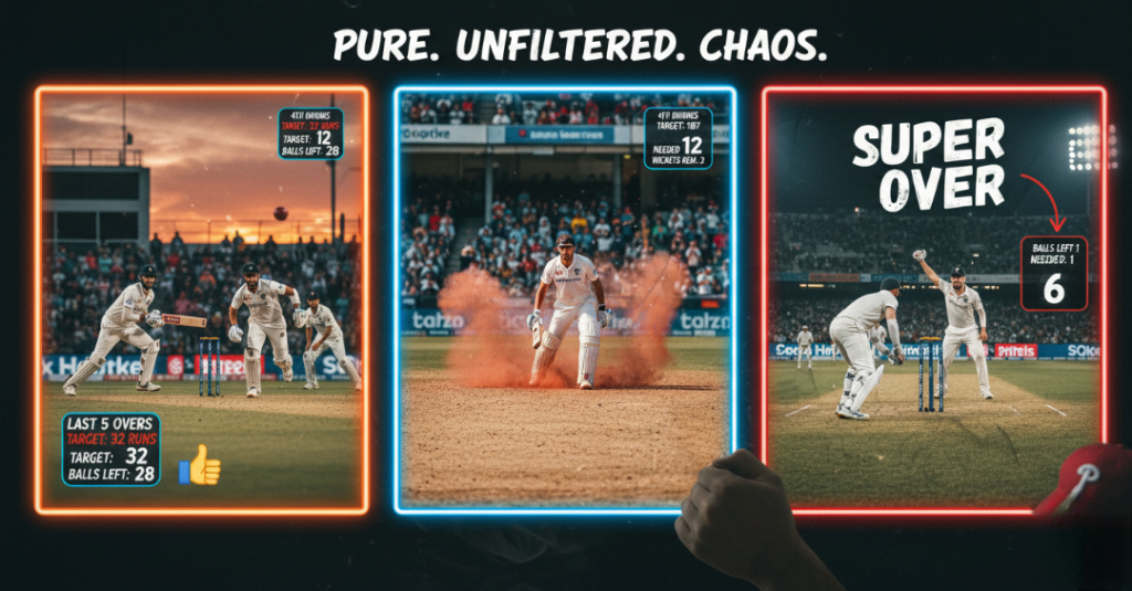A triptych showing intense, high-stakes cricket moments labeled with "Pure. Unfiltered. Chaos." and "Super Over" neon text.