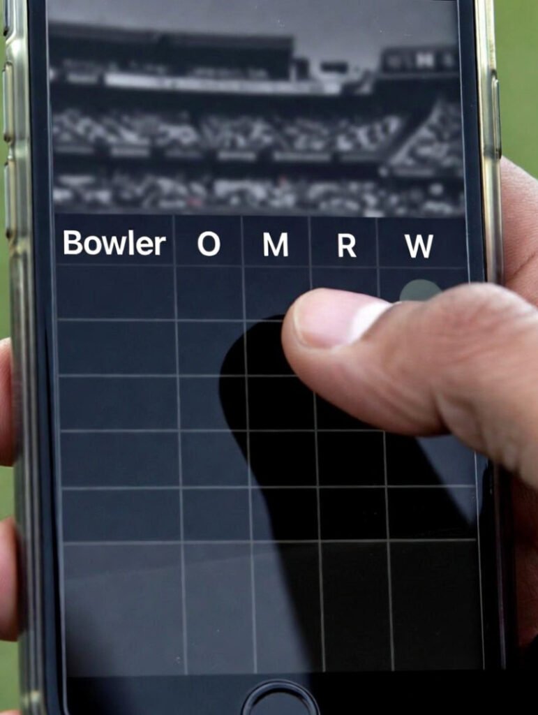Cropped cricket scorecard screenshot, thumb accidentally covering runs column while zooming in at the decisive moment.