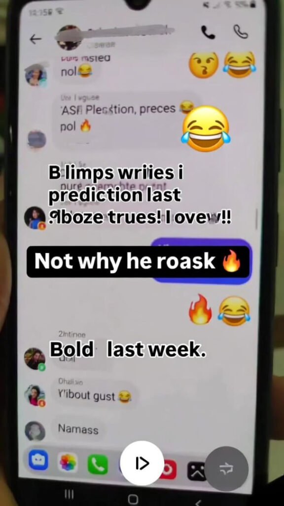 Screenshot of group chat roasting a week-old prediction surrounded by laughing emojis