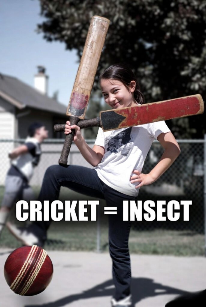 Smiling child poses with weathered cricket bat, insect confusion gag.