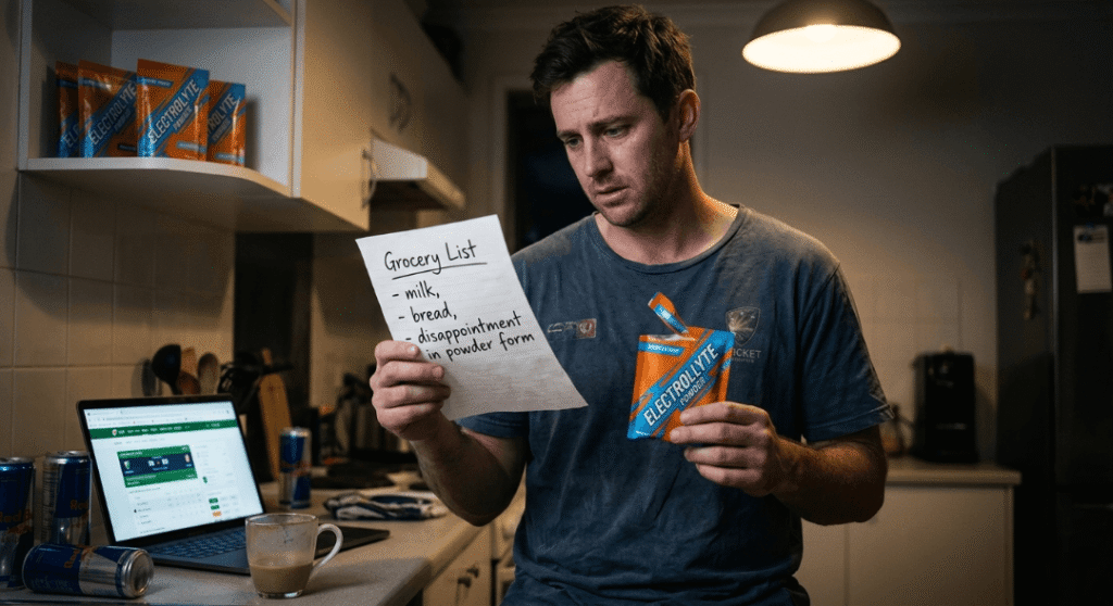 A man in a kitchen, looking tired, holding a grocery list and an open sachet of electrolyte powder.