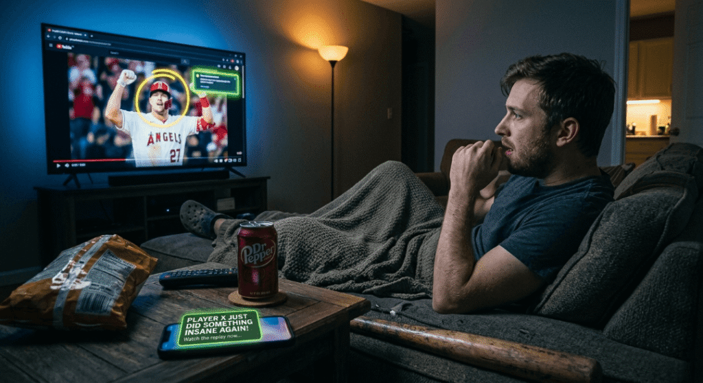 A man watches sports in a dark living room after receiving an "insane" play notification on his phone.