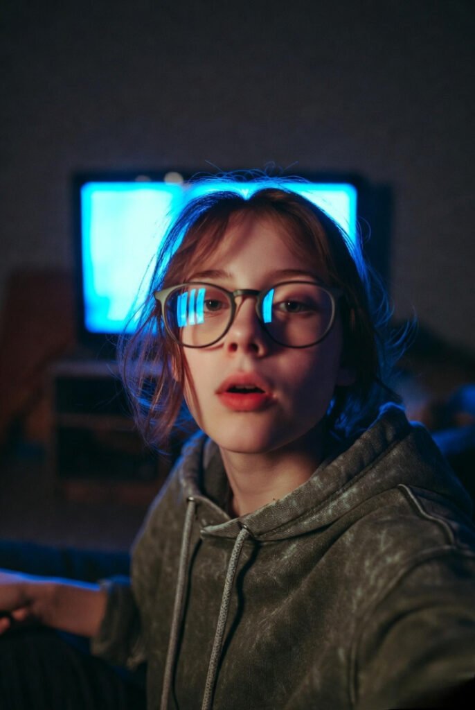 Blurry late-night mirror selfie: hyped but sleepy, remote clutched, screen reflection