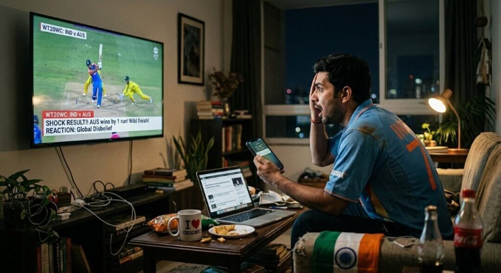 An Indian fan reacts in disbelief at a shocking cricket result on TV while holding his phone at night.