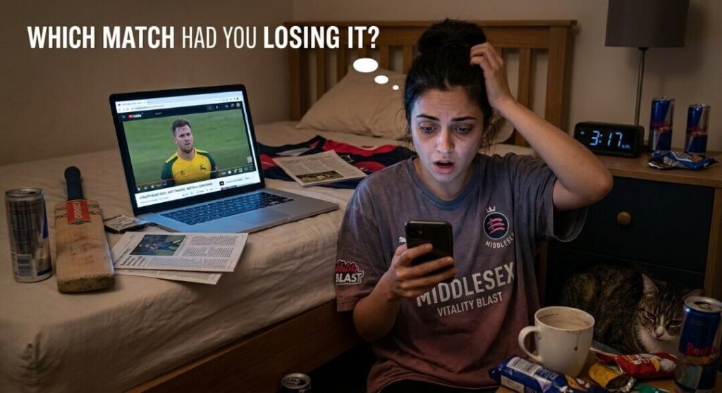 A weary woman on the floor looks stressed at her phone, with cricket memorabilia and snacks nearby at 3:17 a.m.