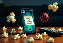Match Updates Tracker: Follow Live Cricket Matches Easily "Live cricket match on phone with 'Don't fall asleep' note, cricket ball, remote, and popcorn spill"