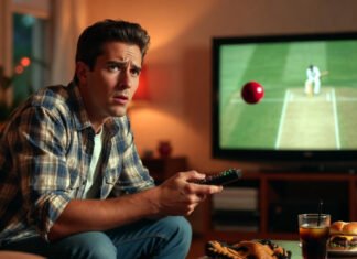 Match Guides: Common Cricket Rules Explained Confused American guy on couch, remote in hand, staring puzzled at cricket on TV with flying red ball, stumps glowing, burger and baseball glove nearby.