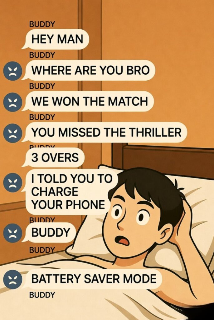 Overslept cricket fan staring in horror at 20+ unread "YOU MISSED 3 OVERS" messages