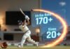 Player Stats Insights: Rising Stars in International Cricket floating holographic stats like "Strike Rate 170+" and "Sixes 20+" trailing the ball's path, plus a subtle cozy American living room reflection in the background like a TV screen glow.
