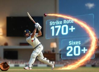 Player Stats Insights: Rising Stars in International Cricket floating holographic stats like "Strike Rate 170+" and "Sixes 20+" trailing the ball's path, plus a subtle cozy American living room reflection in the background like a TV screen glow.