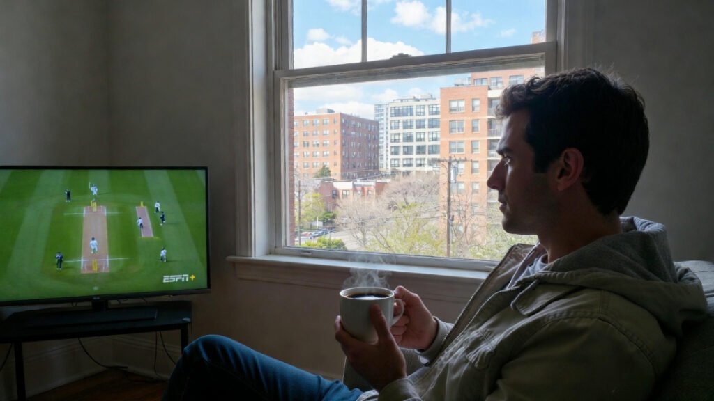Man in cozy apartment sipping strong black coffee while watching cricket on ESPN+