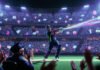 Cricket Leagues Analysis: Teams to Watch This Season Cricketer powering a massive six in stadium glow, T20 league logos drifting, lone vendor fist-pumping.